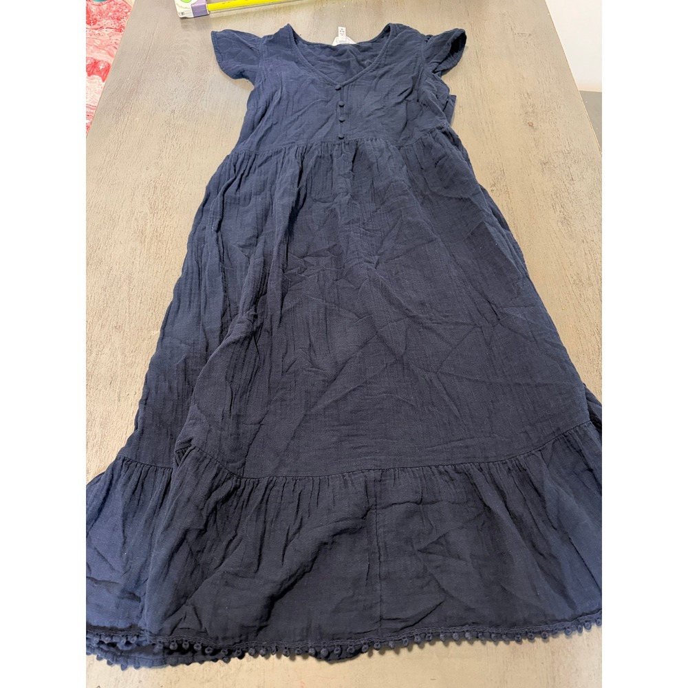 Time and Tru Navy Blue Cotton Gauze Tiered Midi Dress Pom Pom Trim Womens Medium